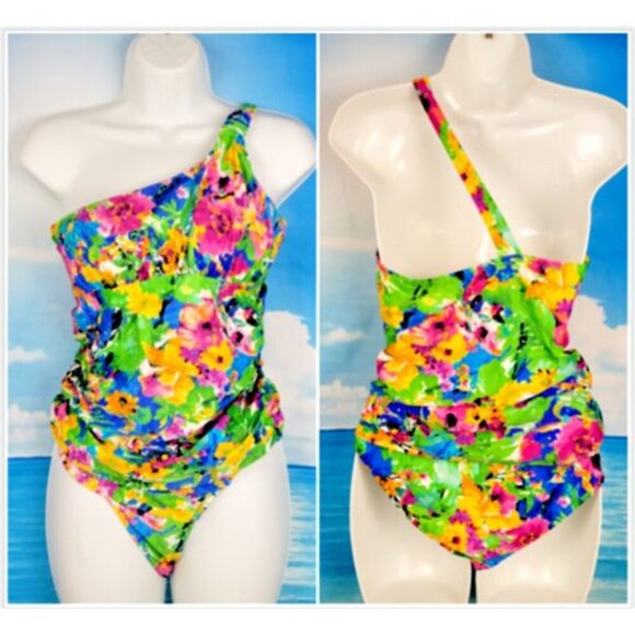ALLEN B 2 pc. TANKINI Set Swim Bathing Suit ONE SHOULDER Green Floral size 10 - Picture 1 of 5